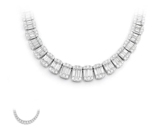 White Gold Baguette & Round Diamond Necklace 22 inches